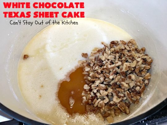 White Chocolate Texas Sheet Cake | Can't Stay Out of the Kitchen | spectacular #TexasSheetCake made with #Ghirardelli #WhiteChocolate instead! Terrific for potlucks, #tailgating parties or any kind of family get-together. #holiday #chocolate #HolidayDessert #ChocolateDessert #WhiteChocolateTexasSheetCake
