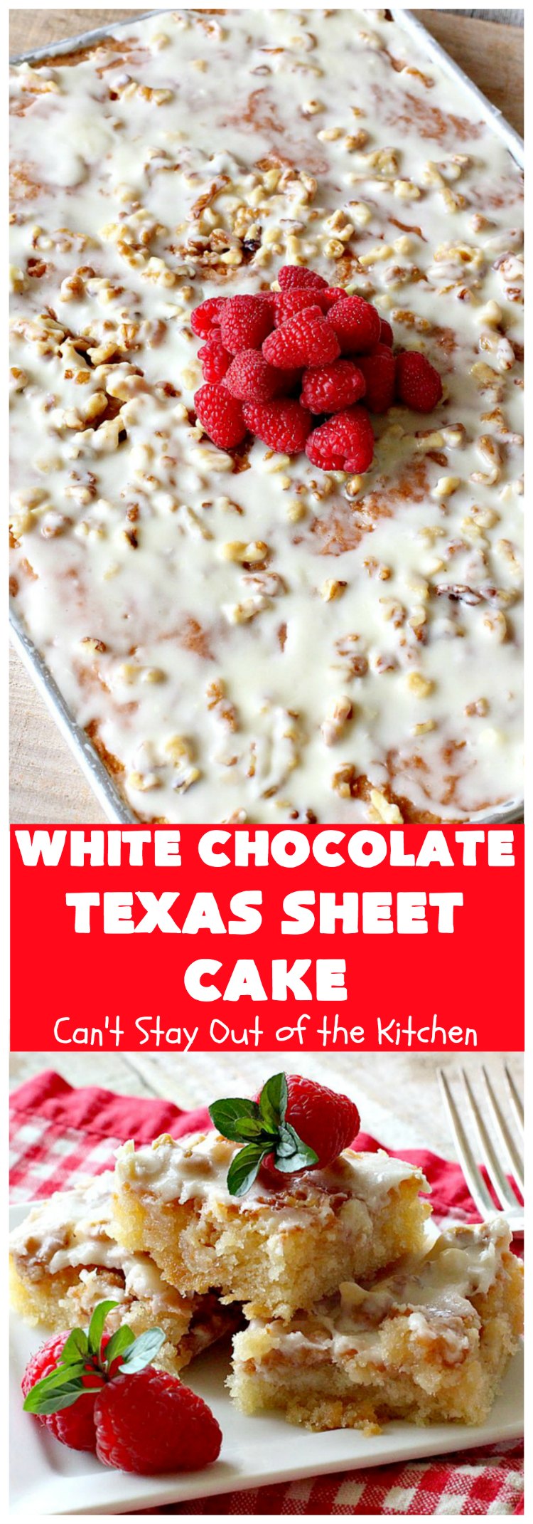 White Chocolate Texas Sheet Cake | Can't Stay Out of the Kitchen | spectacular #TexasSheetCake made with #Ghirardelli #WhiteChocolate instead! Terrific for potlucks, #tailgating parties or any kind of family get-together. #holiday #chocolate #HolidayDessert #ChocolateDessert #WhiteChocolateTexasSheetCake