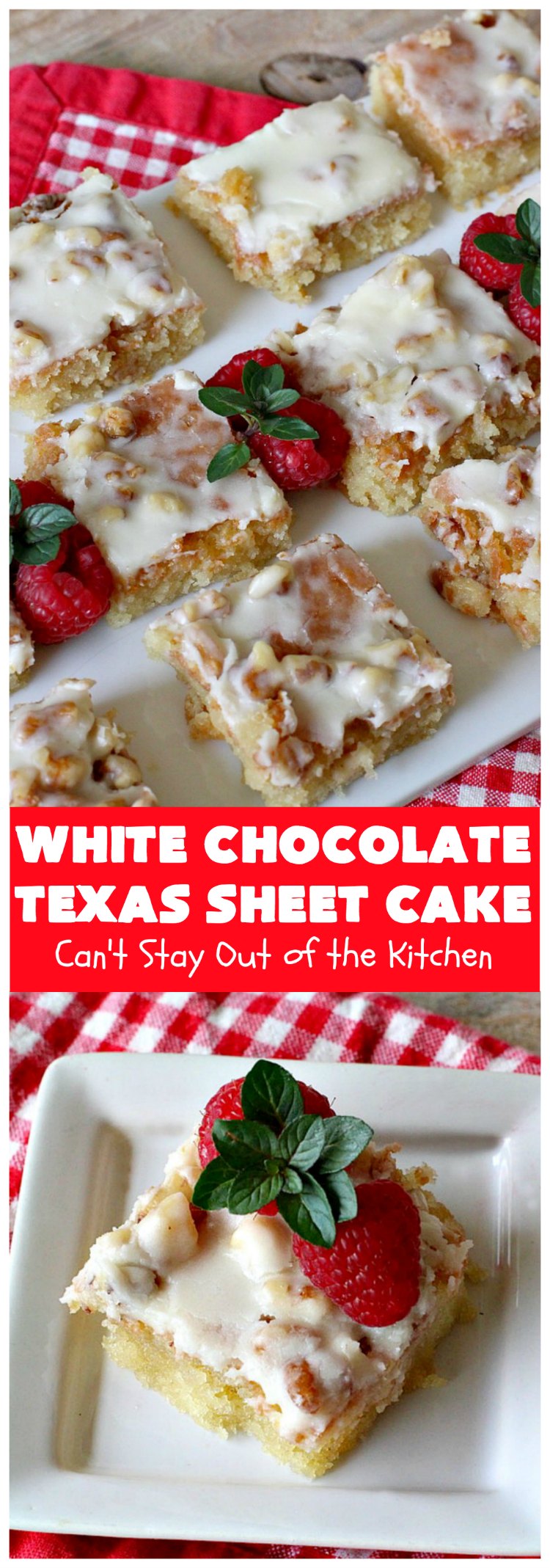 White Chocolate Texas Sheet Cake | Can't Stay Out of the Kitchen | spectacular #TexasSheetCake made with #Ghirardelli #WhiteChocolate instead! Terrific for potlucks, #tailgating parties or any kind of family get-together. #holiday #chocolate #HolidayDessert #ChocolateDessert #WhiteChocolateTexasSheetCake