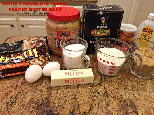 White Chocolate Toffee Peanut Butter Bars | Can't Stay Out of the Kitchen | Everyone raves over these #brownies when we make them. They'e super rich, decadent & absolutely divine! They will cure any sweet tooth craving you have. #toffee #dessert #chocolate #cookies #whitechocolate #HeathEnglishToffeeBits #ChocolateDessert #ToffeeDessert #peanutbutter #PeanutButterDessert #Tailgating #TailgatingDessert