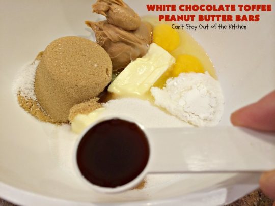 White Chocolate Toffee Peanut Butter Bars | Can't Stay Out of the Kitchen | Everyone raves over these #brownies when we make them. They'e super rich, decadent & absolutely divine! They will cure any sweet tooth craving you have. #toffee #dessert #chocolate #cookies #whitechocolate #HeathEnglishToffeeBits #ChocolateDessert #ToffeeDessert #peanutbutter #PeanutButterDessert #Tailgating #TailgatingDessert