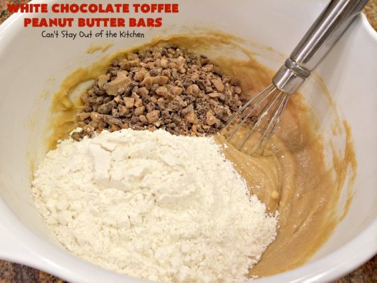 White Chocolate Toffee Peanut Butter Bars | Can't Stay Out of the Kitchen | Everyone raves over these #brownies when we make them. They'e super rich, decadent & absolutely divine! They will cure any sweet tooth craving you have. #toffee #dessert #chocolate #cookies #whitechocolate #HeathEnglishToffeeBits #ChocolateDessert #ToffeeDessert #peanutbutter #PeanutButterDessert #Tailgating #TailgatingDessert