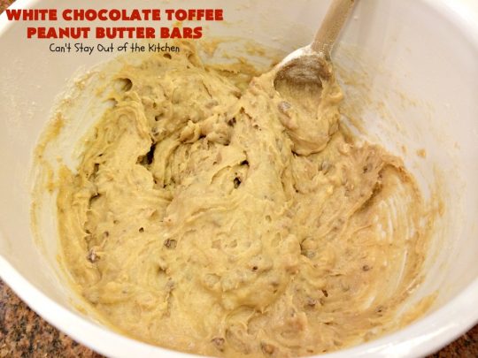 White Chocolate Toffee Peanut Butter Bars | Can't Stay Out of the Kitchen | Everyone raves over these #brownies when we make them. They'e super rich, decadent & absolutely divine! They will cure any sweet tooth craving you have. #toffee #dessert #chocolate #cookies #whitechocolate #HeathEnglishToffeeBits #ChocolateDessert #ToffeeDessert #peanutbutter #PeanutButterDessert #Tailgating #TailgatingDessert