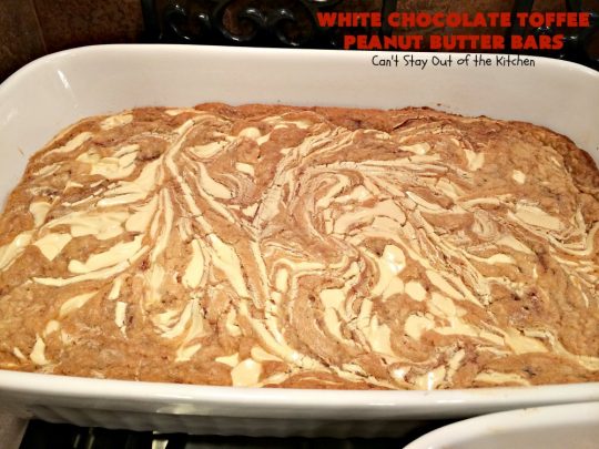 White Chocolate Toffee Peanut Butter Bars | Can't Stay Out of the Kitchen | Everyone raves over these #brownies when we make them. They'e super rich, decadent & absolutely divine! They will cure any sweet tooth craving you have. #toffee #dessert #chocolate #cookies #whitechocolate #HeathEnglishToffeeBits #ChocolateDessert #ToffeeDessert #peanutbutter #PeanutButterDessert #Tailgating #TailgatingDessert