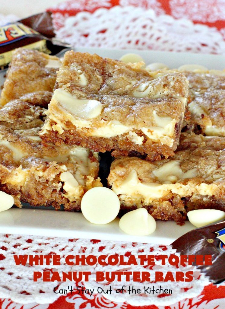 White Chocolate Toffee Peanut Butter Bars | Can't Stay Out of the Kitchen | Everyone raves over these #brownies when we make them. They'e super rich, decadent & absolutely divine! They will cure any sweet tooth craving you have. #toffee #dessert #chocolate #cookies #whitechocolate #HeathEnglishToffeeBits #ChocolateDessert #ToffeeDessert #peanutbutter #PeanutButterDessert #Tailgating #TailgatingDessert