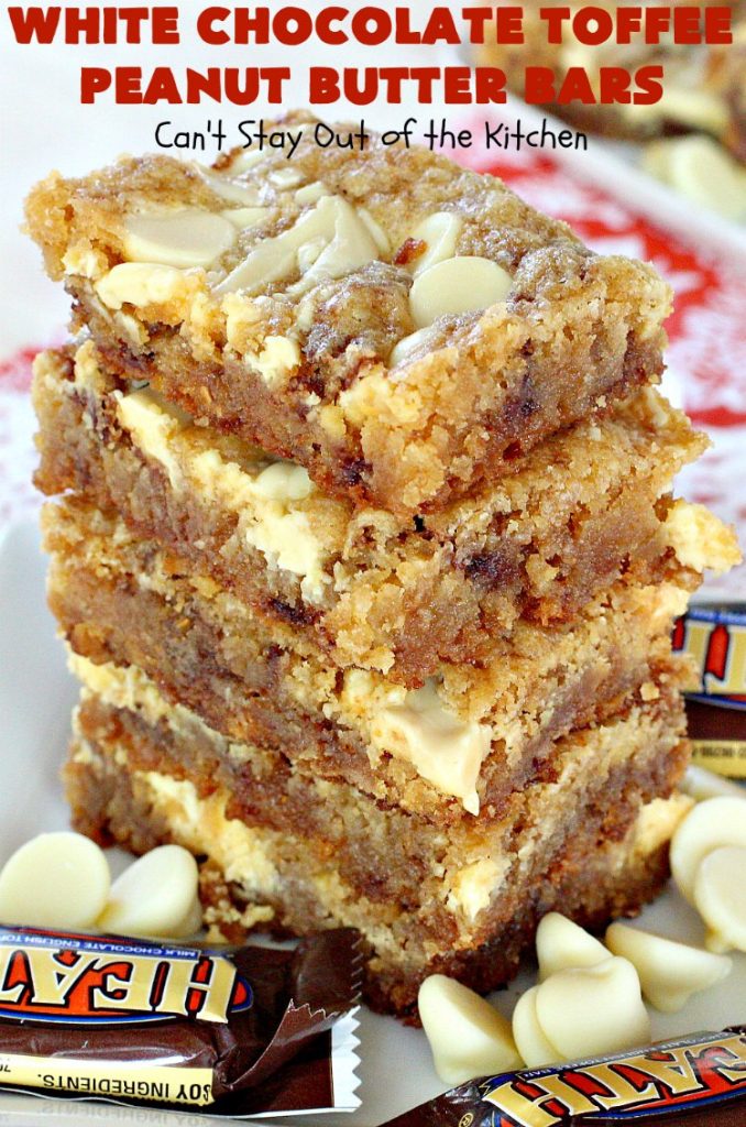 White Chocolate Toffee Peanut Butter Bars | Can't Stay Out of the Kitchen | Everyone raves over these #brownies when we make them. They'e super rich, decadent & absolutely divine! They will cure any sweet tooth craving you have. #toffee #dessert #chocolate #cookies #whitechocolate #HeathEnglishToffeeBits #ChocolateDessert #ToffeeDessert #peanutbutter #PeanutButterDessert #Tailgating #TailgatingDessert