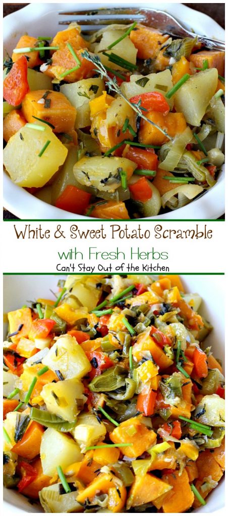 White & Sweet Potato Scramble with Fresh Herbs | Can't Stay Out of the Kitchen | this amazing #potato #sidedish is great for #breakfast or dinner. It's filled with several kinds of herbs & #veggies. #glutenfree #vegan