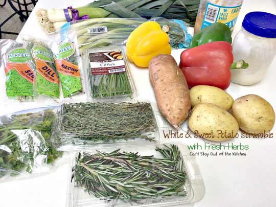White & Sweet Potato Scramble with Fresh Herbs | Can't Stay Out of the Kitchen | this amazing #potato #sidedish is great for #breakfast or dinner. It's filled with several kinds of herbs & #veggies. #glutenfree #vegan