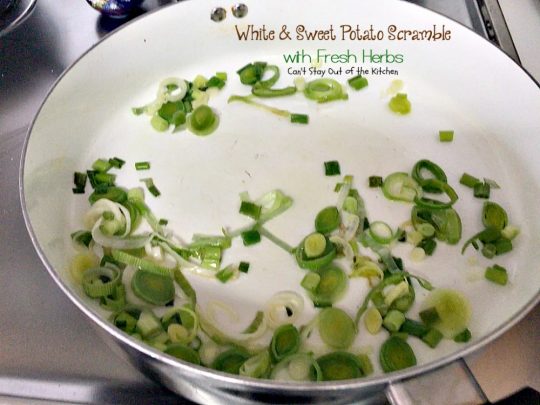 White & Sweet Potato Scramble with Fresh Herbs | Can't Stay Out of the Kitchen | this amazing #potato #sidedish is great for #breakfast or dinner. It's filled with several kinds of herbs & #veggies. #glutenfree #vegan