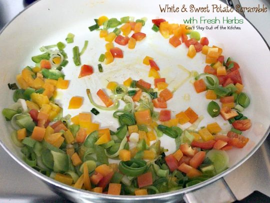 White & Sweet Potato Scramble with Fresh Herbs | Can't Stay Out of the Kitchen | this amazing #potato #sidedish is great for #breakfast or dinner. It's filled with several kinds of herbs & #veggies. #glutenfree #vegan