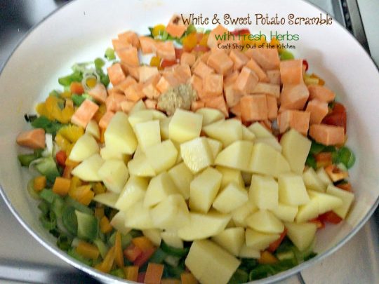 White & Sweet Potato Scramble with Fresh Herbs | Can't Stay Out of the Kitchen | this amazing #potato #sidedish is great for #breakfast or dinner. It's filled with several kinds of herbs & #veggies. #glutenfree #vegan