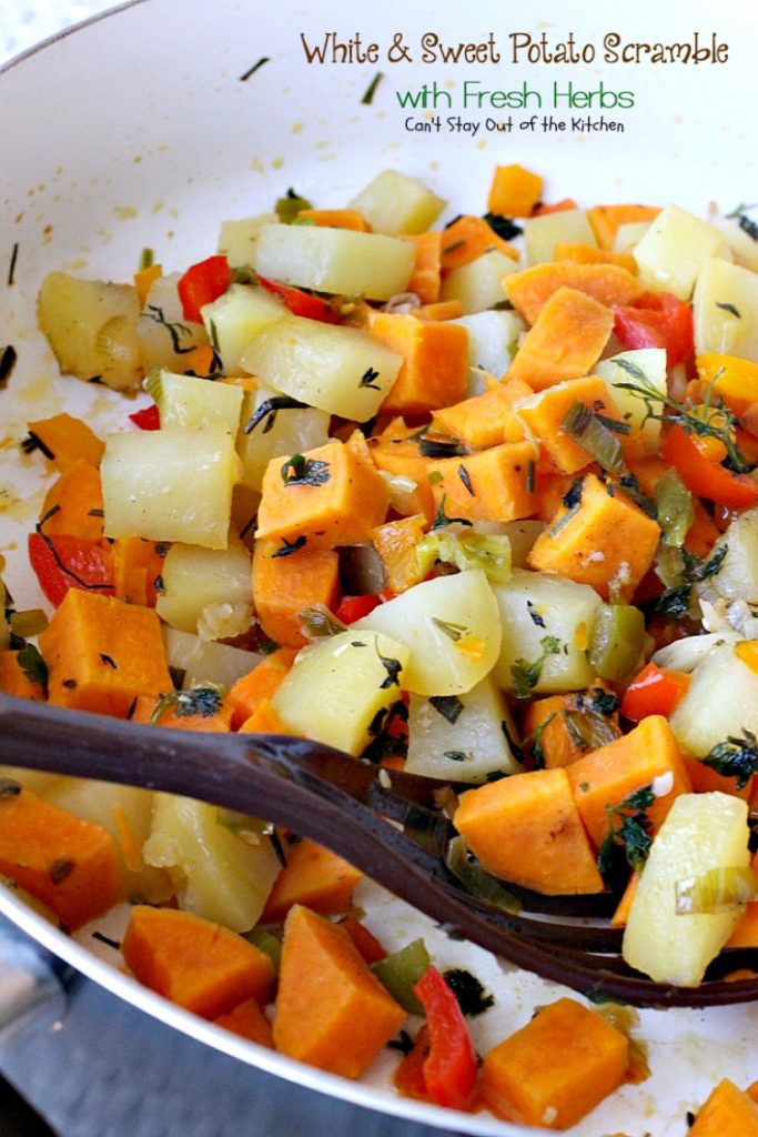 White & Sweet Potato Scramble with Fresh Herbs | Can't Stay Out of the Kitchen | this amazing #potato #sidedish is great for #breakfast or dinner. It's filled with several kinds of herbs & #veggies. #glutenfree #vegan