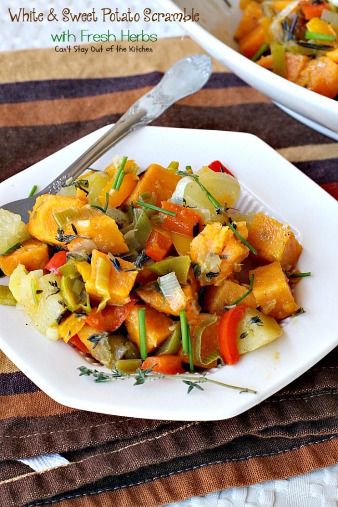 White & Sweet Potato Scramble with Fresh Herbs | Can't Stay Out of the Kitchen | this amazing #potato #sidedish is great for #breakfast or dinner. It's filled with several kinds of herbs & #veggies. #glutenfree #vegan