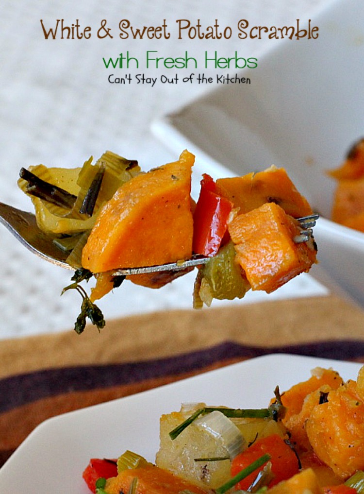 White & Sweet Potato Scramble with Fresh Herbs | Can't Stay Out of the Kitchen | this amazing #potato #sidedish is great for #breakfast or dinner. It's filled with several kinds of herbs & #veggies. #glutenfree #vegan