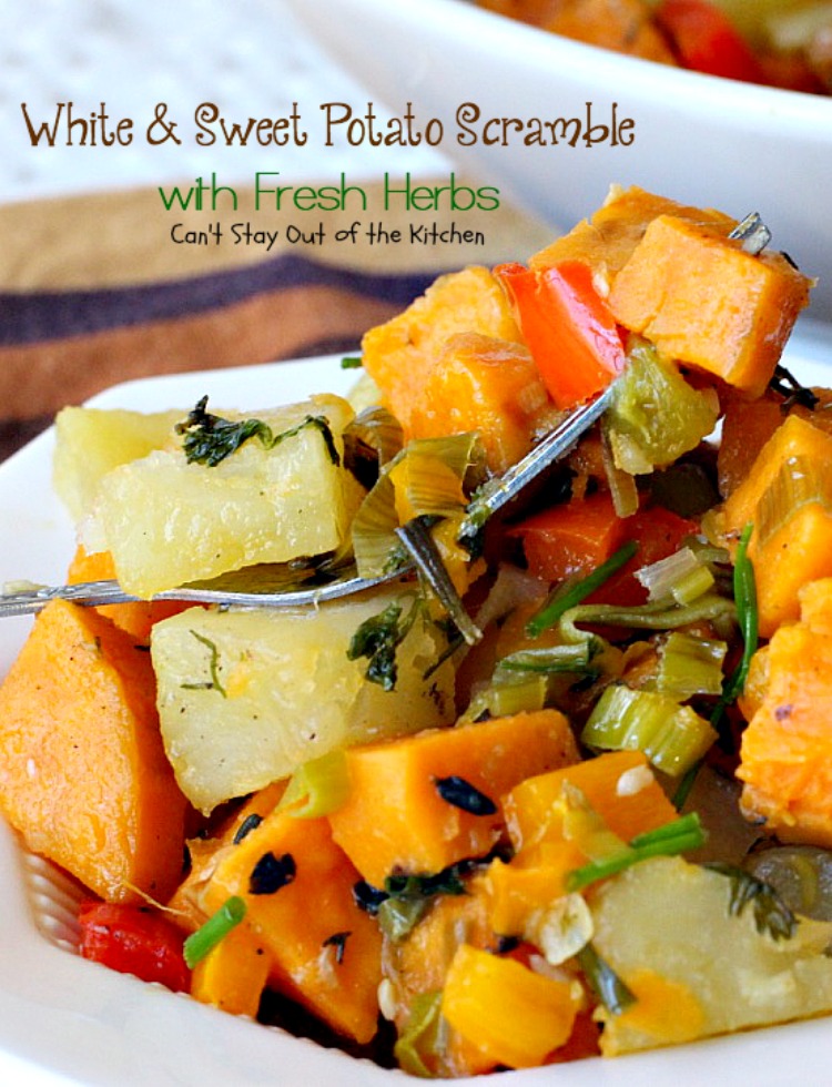 White & Sweet Potato Scramble with Fresh Herbs | Can't Stay Out of the Kitchen | this amazing #potato #sidedish is great for #breakfast or dinner. It's filled with several kinds of herbs & #veggies. #glutenfree #vegan