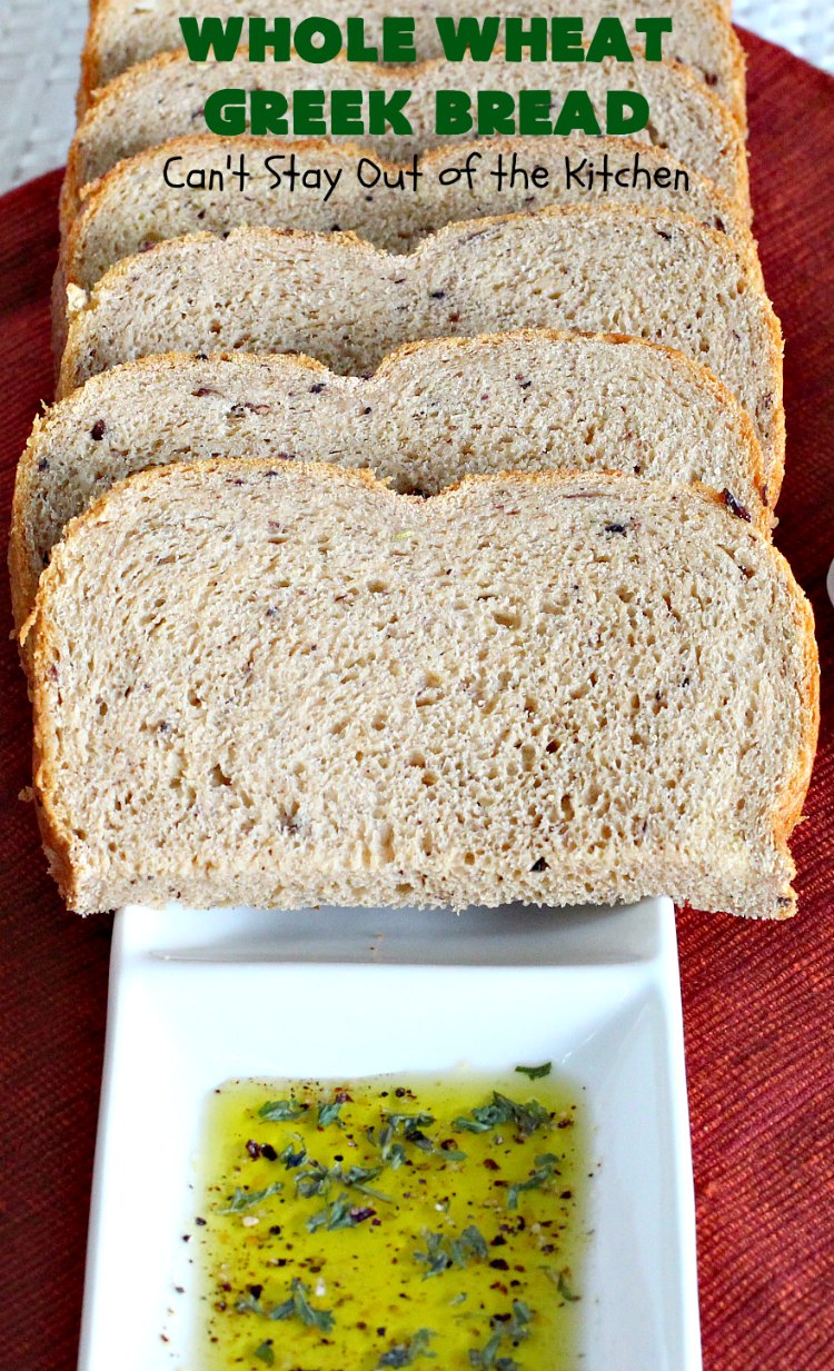 Whole Wheat Greek Bread | Can't Stay Out of the Kitchen | this delicious #Greek-style #bread is made with #olives, #FetaCheese & rosemary. It's wonderful for any kind of dinner menu especially if served with dipping oils. This fantastic tasting bread is a winner! It uses #WholeWheatFlour. #HomeBakedBread #WholeWheatBread #WholeWheatGreekBread #HomeBakedBread