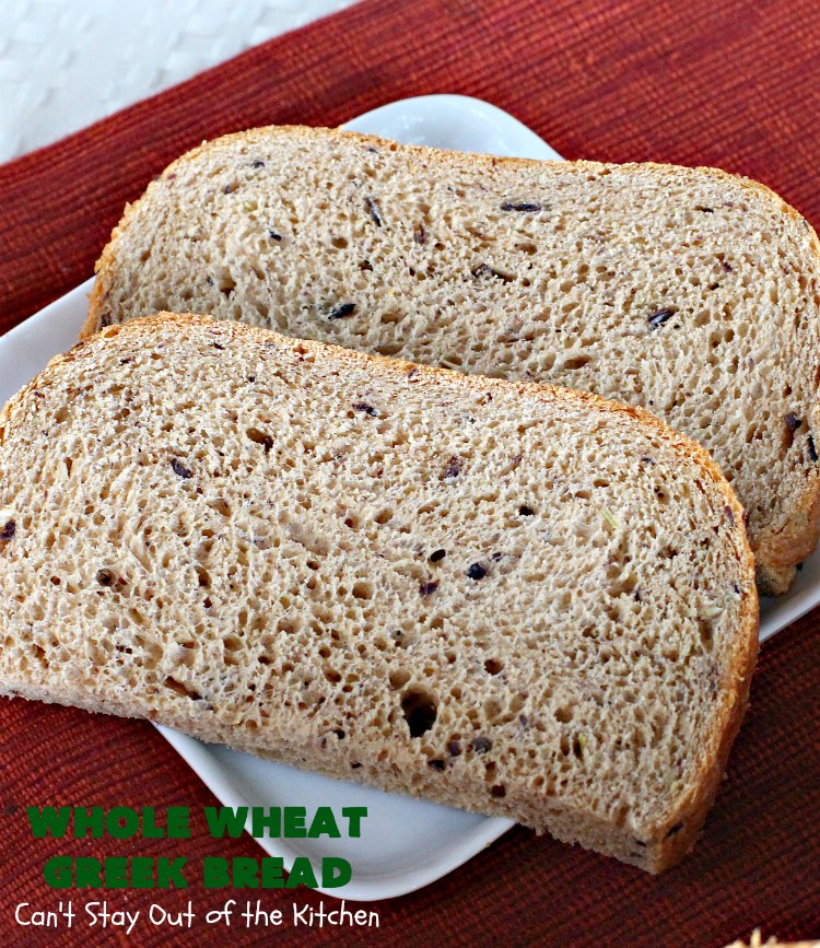 Whole Wheat Greek Bread | Can't Stay Out of the Kitchen | this delicious #Greek-style #bread is made with #olives, #FetaCheese & rosemary. It's wonderful for any kind of dinner menu especially if served with dipping oils. This fantastic tasting bread is a winner! It uses #WholeWheatFlour. #HomeBakedBread #WholeWheatBread #WholeWheatGreekBread #HomeBakedBread