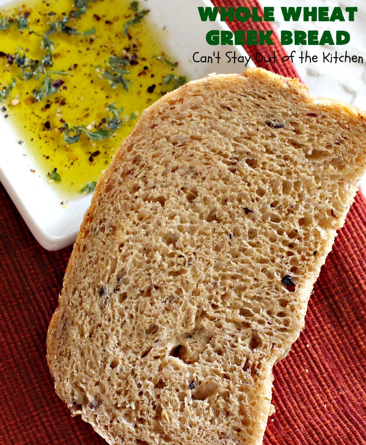 Whole Wheat Greek Bread | Can't Stay Out of the Kitchen | this delicious #Greek-style #bread is made with #olives, #FetaCheese & rosemary. It's wonderful for any kind of dinner menu especially if served with dipping oils. This fantastic tasting bread is a winner! It uses #WholeWheatFlour. #HomeBakedBread #WholeWheatBread #WholeWheatGreekBread #HomeBakedBread