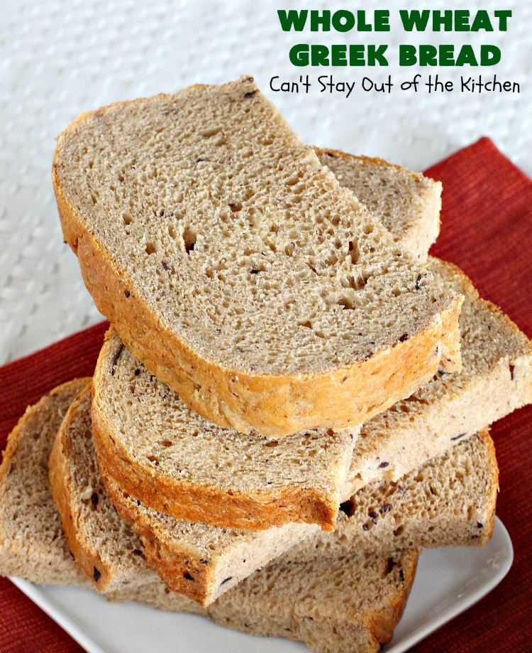 Whole Wheat Greek Bread | Can't Stay Out of the Kitchen | this delicious #Greek-style #bread is made with #olives, #FetaCheese & rosemary. It's wonderful for any kind of dinner menu especially if served with dipping oils. This fantastic tasting bread is a winner! It uses #WholeWheatFlour. #HomeBakedBread #WholeWheatBread #WholeWheatGreekBread #HomeBakedBread