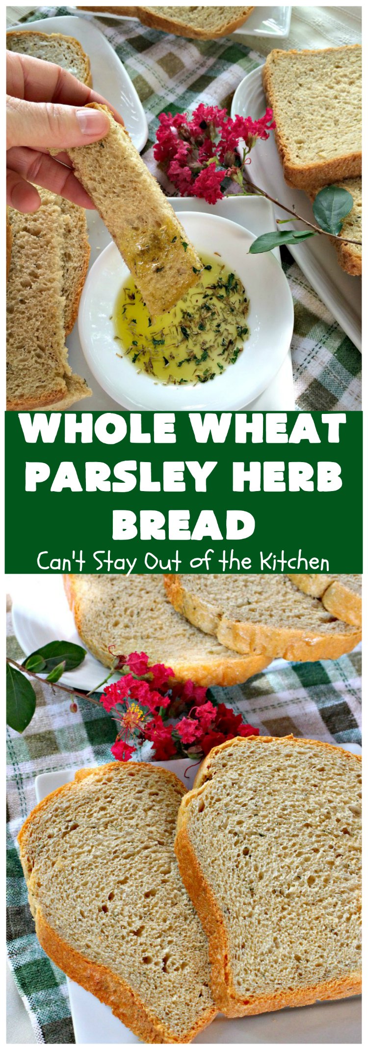 Whole Wheat Parsley Herb Bread | Can't Stay Out of the Kitchen | this is a fantastic home-baked #bread that's especially great for dipping in herbed oils. Every bite is mouthwatering. Or you can add butter and jelly and serve for #breakfast. This healthy #HomemadeBread is so easy since it's made in the #breadmaker! #WholeWheatFlour #WholeWheatParsleyHerbBread