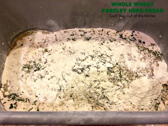 Whole Wheat Parsley Herb Bread | Can't Stay Out of the Kitchen | this is a fantastic home-baked #bread that's especially great for dipping in herbed oils. Every bite is mouthwatering. Or you can add butter and jelly and serve for #breakfast. This healthy #HomemadeBread is so easy since it's made in the #breadmaker! #WholeWheatFlour #WholeWheatParsleyHerbBread