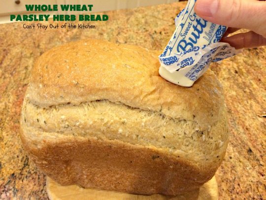 Whole Wheat Parsley Herb Bread | Can't Stay Out of the Kitchen | this is a fantastic home-baked #bread that's especially great for dipping in herbed oils. Every bite is mouthwatering. Or you can add butter and jelly and serve for #breakfast. This healthy #HomemadeBread is so easy since it's made in the #breadmaker! #WholeWheatFlour #WholeWheatParsleyHerbBread