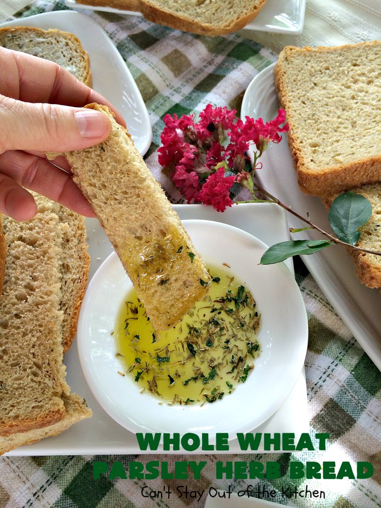 Whole Wheat Parsley Herb Bread | Can't Stay Out of the Kitchen | this is a fantastic home-baked #bread that's especially great for dipping in herbed oils. Every bite is mouthwatering. Or you can add butter and jelly and serve for #breakfast. This healthy #HomemadeBread is so easy since it's made in the #breadmaker! #WholeWheatFlour #WholeWheatParsleyHerbBread