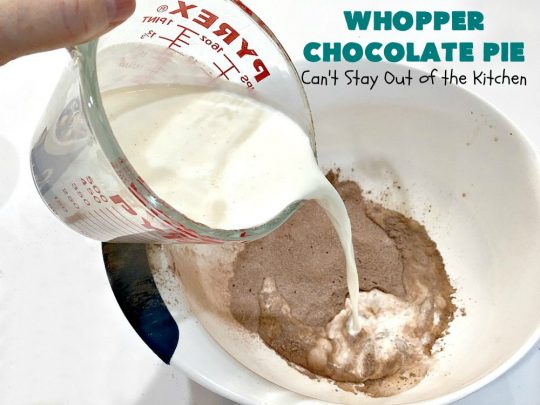 Whopper Chocolate Pie | Can't Stay Out of the Kitchen | this fantastic 5-ingredient #dessert will rock your world! The #chocolate texture is smooth & creamy with crunchiness from #WhoppersMaltedMilkBalls. Perfect for family, company or #holiday dinners. #pie #Whoppers #ChocolateDessert #HolidayDessert #WhopperChocolatePie