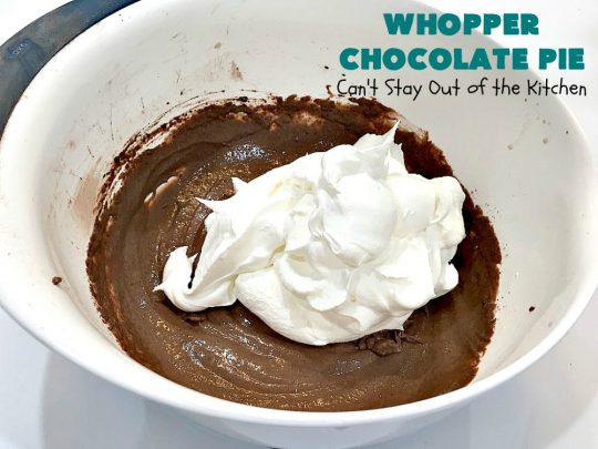 Whopper Chocolate Pie | Can't Stay Out of the Kitchen | this fantastic 5-ingredient #dessert will rock your world! The #chocolate texture is smooth & creamy with crunchiness from #WhoppersMaltedMilkBalls. Perfect for family, company or #holiday dinners. #pie #Whoppers #ChocolateDessert #HolidayDessert #WhopperChocolatePie