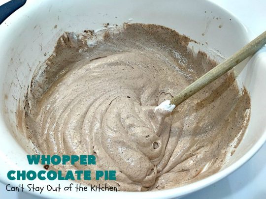 Whopper Chocolate Pie | Can't Stay Out of the Kitchen | this fantastic 5-ingredient #dessert will rock your world! The #chocolate texture is smooth & creamy with crunchiness from #WhoppersMaltedMilkBalls. Perfect for family, company or #holiday dinners. #pie #Whoppers #ChocolateDessert #HolidayDessert #WhopperChocolatePie