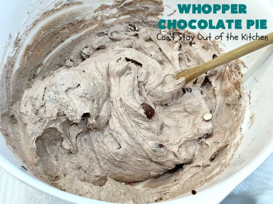 Whopper Chocolate Pie | Can't Stay Out of the Kitchen | this fantastic 5-ingredient #dessert will rock your world! The #chocolate texture is smooth & creamy with crunchiness from #WhoppersMaltedMilkBalls. Perfect for family, company or #holiday dinners. #pie #Whoppers #ChocolateDessert #HolidayDessert #WhopperChocolatePie