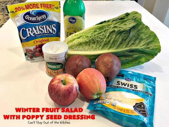 Winter Fruit Salad with Poppy Seed Dressing | Can't Stay Out of the Kitchen | this is our favorite #tossedsalad. It includes #cashews, #Swisscheese, #craisins, #apples & #pears. The homemade #poppyseeddressing is absolutely mouthwatering. This terrific #salad is wonderful for company or #holiday dinners like #FathersDay. #glutenfree