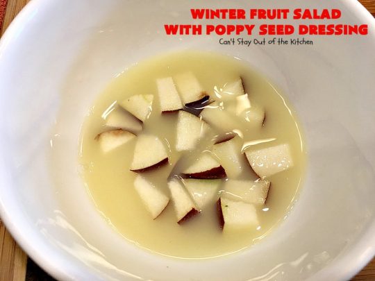Winter Fruit Salad with Poppy Seed Dressing | Can't Stay Out of the Kitchen | this is our favorite #tossedsalad. It includes #cashews, #Swisscheese, #craisins, #apples & #pears. The homemade #poppyseeddressing is absolutely mouthwatering. This terrific #salad is wonderful for company or #holiday dinners like #FathersDay. #glutenfree
