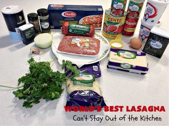 World's Best Lasagna | Can't Stay Out of the Kitchen | Wow your family, friends or company with this amazing #lasagna #recipe. Every bite will knock your socks off! #ItalianSausage adds zip & 3 cheeses, including loads of #Mozzarella & #parmesan make this cheesy entree even more delectable. #pasta #Italian #GroundBeef #RicottaCheese #BestLasagna #FavoriteLasagna #WorldsBestLasagna #WorldsGreatestLasagna