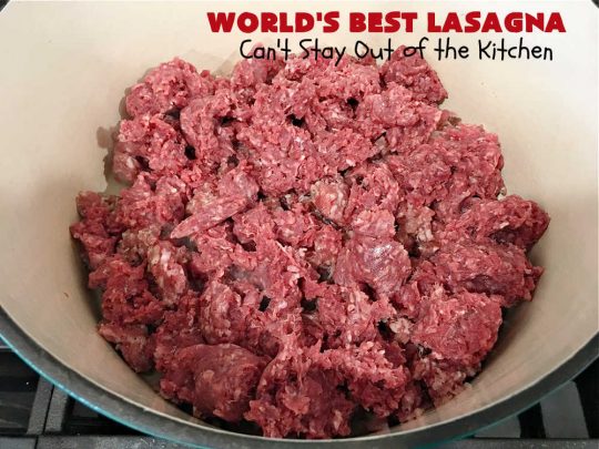 World's Best Lasagna | Can't Stay Out of the Kitchen | Wow your family, friends or company with this amazing #lasagna #recipe. Every bite will knock your socks off! #ItalianSausage adds zip & 3 cheeses, including loads of #Mozzarella & #parmesan make this cheesy entree even more delectable. #pasta #Italian #GroundBeef #RicottaCheese #BestLasagna #FavoriteLasagna #WorldsBestLasagna #WorldsGreatestLasagna