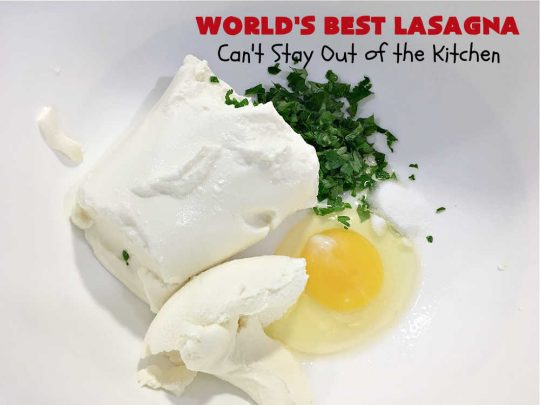World's Best Lasagna | Can't Stay Out of the Kitchen | Wow your family, friends or company with this amazing #lasagna #recipe. Every bite will knock your socks off! #ItalianSausage adds zip & 3 cheeses, including loads of #Mozzarella & #parmesan make this cheesy entree even more delectable. #pasta #Italian #GroundBeef #RicottaCheese #BestLasagna #FavoriteLasagna #WorldsBestLasagna #WorldsGreatestLasagna