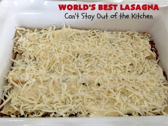 World's Best Lasagna | Can't Stay Out of the Kitchen | Wow your family, friends or company with this amazing #lasagna #recipe. Every bite will knock your socks off! #ItalianSausage adds zip & 3 cheeses, including loads of #Mozzarella & #parmesan make this cheesy entree even more delectable. #pasta #Italian #GroundBeef #RicottaCheese #BestLasagna #FavoriteLasagna #WorldsBestLasagna #WorldsGreatestLasagna