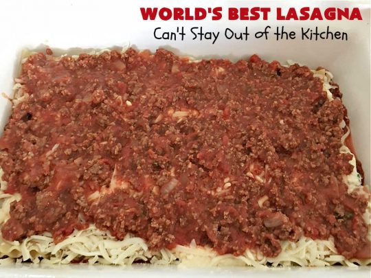 World's Best Lasagna | Can't Stay Out of the Kitchen | Wow your family, friends or company with this amazing #lasagna #recipe. Every bite will knock your socks off! #ItalianSausage adds zip & 3 cheeses, including loads of #Mozzarella & #parmesan make this cheesy entree even more delectable. #pasta #Italian #GroundBeef #RicottaCheese #BestLasagna #FavoriteLasagna #WorldsBestLasagna #WorldsGreatestLasagna