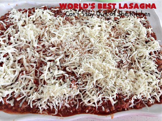 World's Best Lasagna | Can't Stay Out of the Kitchen | Wow your family, friends or company with this amazing #lasagna #recipe. Every bite will knock your socks off! #ItalianSausage adds zip & 3 cheeses, including loads of #Mozzarella & #parmesan make this cheesy entree even more delectable. #pasta #Italian #GroundBeef #RicottaCheese #BestLasagna #FavoriteLasagna #WorldsBestLasagna #WorldsGreatestLasagna