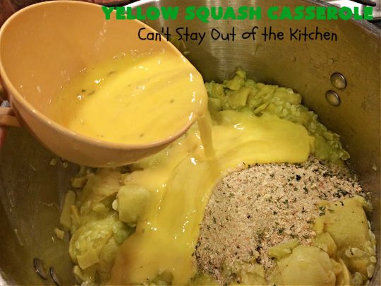 Yellow Squash Casserole | Can't Stay Out of the Kitchen | this is a fantastic #SideDish especially for company or #holiday dinners. It includes #YellowSquash, seasoned #BreadCrumbs & #ParmesanCheese. It's easy to toss together & a sumptuous way to prepare this tasty #vegetable. #casserole #YellowSquashCasserole