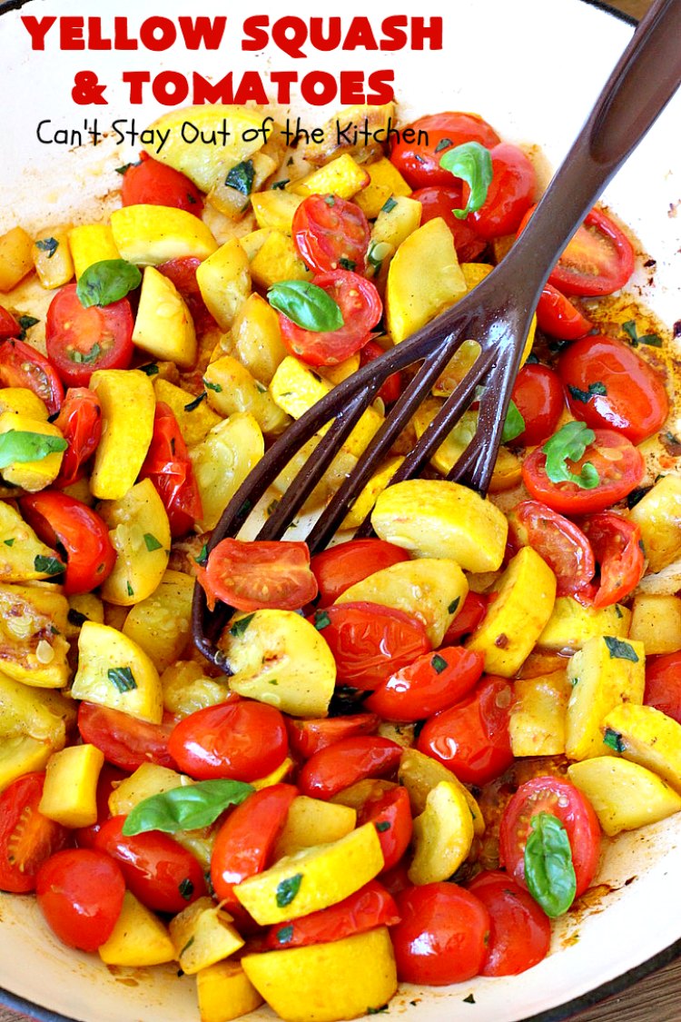 Yellow Squash and Tomatoes | Can't Stay Out of the Kitchen | this quick & easy #recipe can be whipped up in about 10 minutes! It's #vegan #GlutenFree #healthy & #LowCalorie. Great for any weeknight dinner. #tomatoes #YellowSquash #YellowSquashAndTomatoes