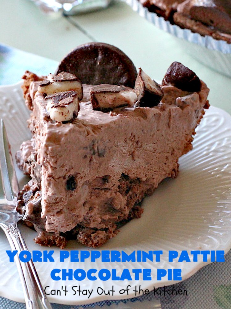 York Peppermint Pattie Chocolate Pie | Can't Stay Out of the Kitchen | this amazing #pie is chocked full of #YorkPeppermintPatties so it has amazing #chocolate & #peppermint flavor. Terrific #dessert for company or #holidays. #ChocolatePie #HolidayDessert #ChocolateDessert #PeppermintDessert #YorkPeppermintPattieChocolatePie