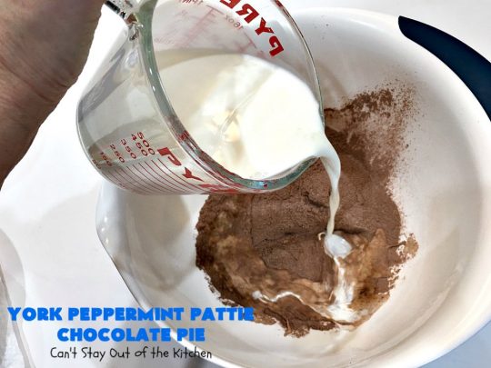York Peppermint Pattie Chocolate Pie | Can't Stay Out of the Kitchen | this amazing #pie is chocked full of #YorkPeppermintPatties so it has amazing #chocolate & #peppermint flavor. Terrific #dessert for company or #holidays. #ChocolatePie #HolidayDessert #ChocolateDessert #PeppermintDessert #YorkPeppermintPattieChocolatePie
