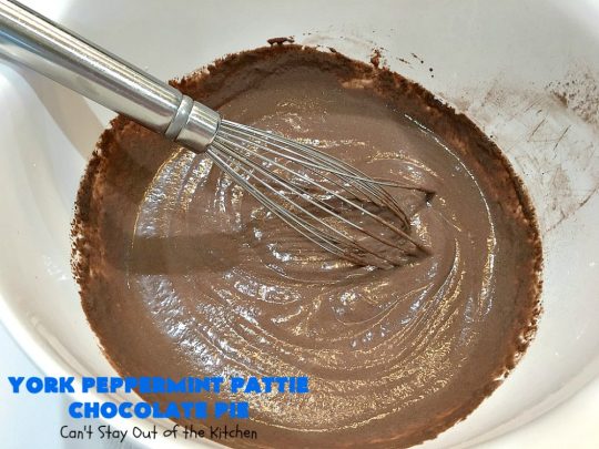 York Peppermint Pattie Chocolate Pie | Can't Stay Out of the Kitchen | this amazing #pie is chocked full of #YorkPeppermintPatties so it has amazing #chocolate & #peppermint flavor. Terrific #dessert for company or #holidays. #ChocolatePie #HolidayDessert #ChocolateDessert #PeppermintDessert #YorkPeppermintPattieChocolatePie