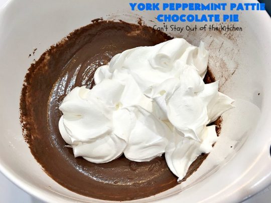 York Peppermint Pattie Chocolate Pie | Can't Stay Out of the Kitchen | this amazing #pie is chocked full of #YorkPeppermintPatties so it has amazing #chocolate & #peppermint flavor. Terrific #dessert for company or #holidays. #ChocolatePie #HolidayDessert #ChocolateDessert #PeppermintDessert #YorkPeppermintPattieChocolatePie