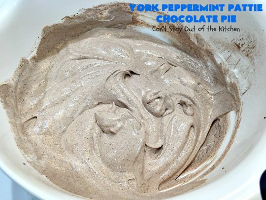 York Peppermint Pattie Chocolate Pie | Can't Stay Out of the Kitchen | this amazing #pie is chocked full of #YorkPeppermintPatties so it has amazing #chocolate & #peppermint flavor. Terrific #dessert for company or #holidays. #ChocolatePie #HolidayDessert #ChocolateDessert #PeppermintDessert #YorkPeppermintPattieChocolatePie