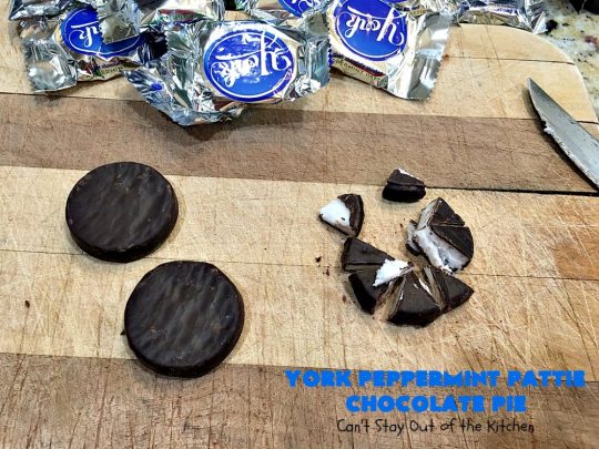 York Peppermint Pattie Chocolate Pie | Can't Stay Out of the Kitchen | this amazing #pie is chocked full of #YorkPeppermintPatties so it has amazing #chocolate & #peppermint flavor. Terrific #dessert for company or #holidays. #ChocolatePie #HolidayDessert #ChocolateDessert #PeppermintDessert #YorkPeppermintPattieChocolatePie