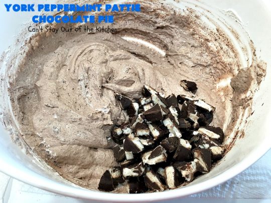 York Peppermint Pattie Chocolate Pie | Can't Stay Out of the Kitchen | this amazing #pie is chocked full of #YorkPeppermintPatties so it has amazing #chocolate & #peppermint flavor. Terrific #dessert for company or #holidays. #ChocolatePie #HolidayDessert #ChocolateDessert #PeppermintDessert #YorkPeppermintPattieChocolatePie