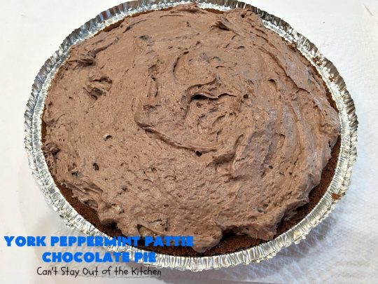 York Peppermint Pattie Chocolate Pie | Can't Stay Out of the Kitchen | this amazing #pie is chocked full of #YorkPeppermintPatties so it has amazing #chocolate & #peppermint flavor. Terrific #dessert for company or #holidays. #ChocolatePie #HolidayDessert #ChocolateDessert #PeppermintDessert #YorkPeppermintPattieChocolatePie