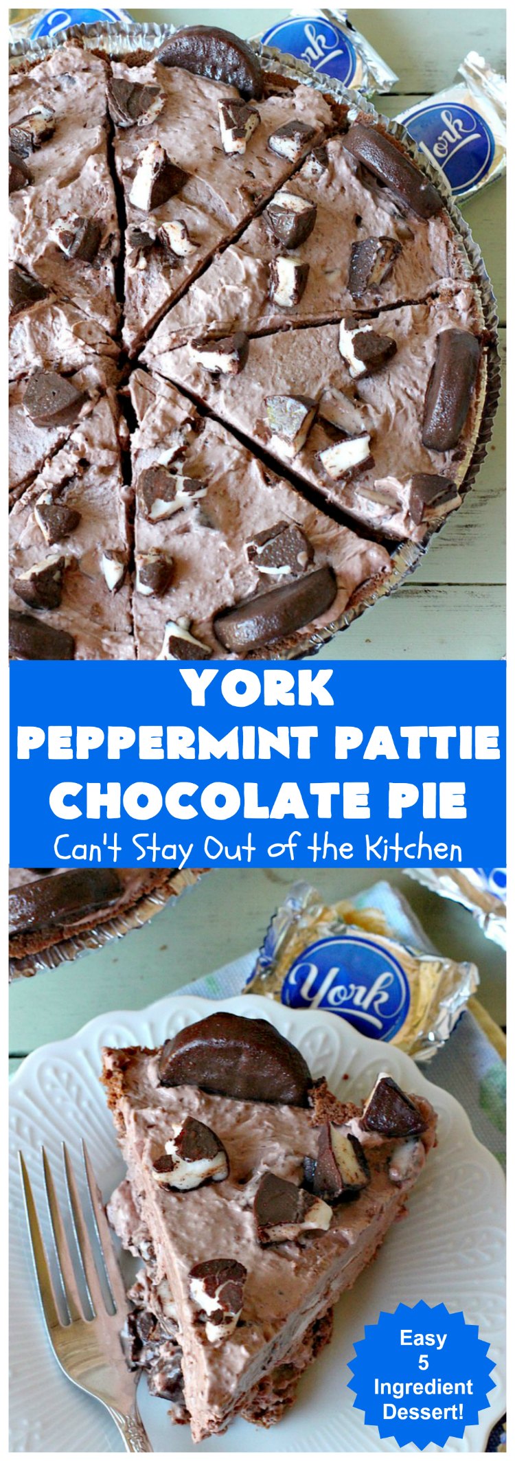 York Peppermint Pattie Chocolate Pie | Can't Stay Out of the Kitchen | this amazing #pie is chocked full of #YorkPeppermintPatties so it has amazing #chocolate & #peppermint flavor. Terrific #dessert for company or #holidays. #ChocolatePie #HolidayDessert #ChocolateDessert #PeppermintDessert #YorkPeppermintPattieChocolatePie